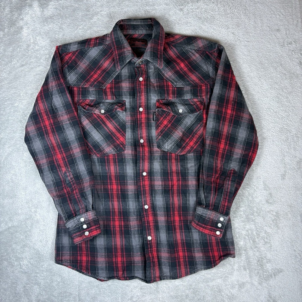 Five Brother‎ Heavy Flannel Pearl Snap Shirt Plaid Men's M Red Black